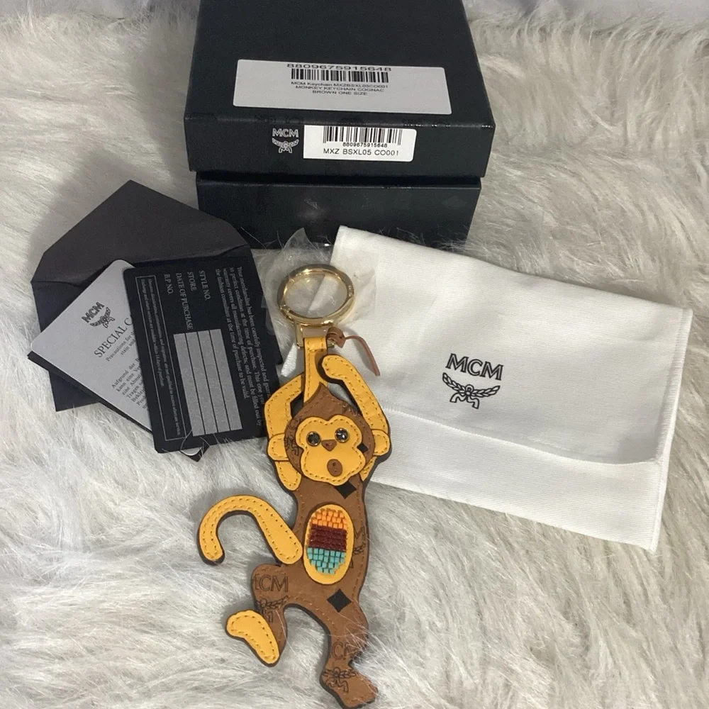 SOLD…..MCM Monkey Keychain Bag Charm Cognac Brown Swarovski Crystal Eyes - Picture 2 of 8